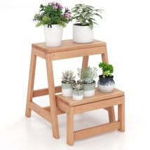 Tabouret en bois pliable multifonctionnel à 2 niveaux - Escalier robuste et table pour plantes - Convient à l'intérieur et à l'extérieur
