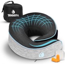 TRAVARA Oreiller de cou - Oreiller de voyage - Pour l'avion - La voiture - Mousse à mémoire de forme - Avec bouchons d'oreille - Gris