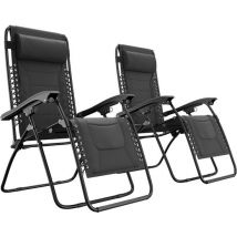 LifeGoods Chaises longues confort - pliable - 30°-90° réglable - support pour gobelets et téléphone - chaises de jardin - noir