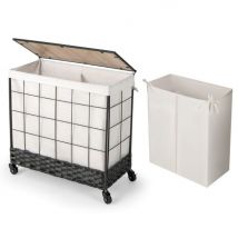 Panier de lavage à roulettes - 130 litres - Sac intérieur divisé et couvercle en bois - Robuste, élégant et pratique