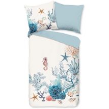 Housse de couette 200x200 cm - Design maritime avec hippocampes et corail - Blanc/Bleu - 2 personnes - 100% coton - Certifié Oeko-Tex