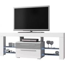 Meuble TV Buffet TV Navia high design éclairage LED corps blanc mat tiroirs avant gris brillant