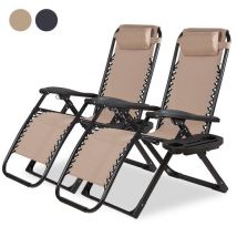 Novitaa Chaise longue pliable Duoset - Réglable - 30°-90° - Porte-tasses et téléphone - Chaise de jardin - Métal - Beige