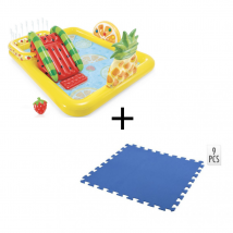 Piscine gonflable pour enfants - Avec toboggan - Fruit - 244 x 191 x 91 cm + carreaux en mousse bleue pour piscine 9 pièces