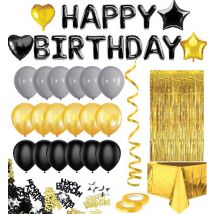 Feestio Ballons Décoration d'anniversaire avec nappe et guirlandes - Hélium - Noir Or