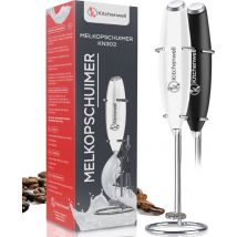 Kitchenwell Mousseur à lait électrique - avec support en acier inoxydable et fouet à oeufs - Mousseur à lait manuel - Fouet à lait - Blanc