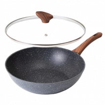 Induction Non-Stick Wok Pan – Deep Stir Fry Pan with Lid - 28cm - Grey Granite