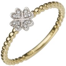 Damen Ring Kleeblatt 585 Gold Gelbgold Weißgold bicolor 12 Diamanten Brillanten-52