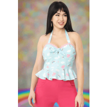 Unique Vintage Aqua & Rainbow Print Peplum Halter Top Size: M Colour: Blue