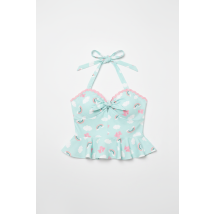 Unique Vintage Aqua & Rainbow Print Peplum Halter Top Size: L Color: Blue