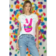 Lauren Moshi Wolf Woodstock Peace Tee Size: L Colour: White