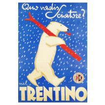 BEAR SKIING POSTER: Vintage Trentino Blue Ski Travel Print - A3