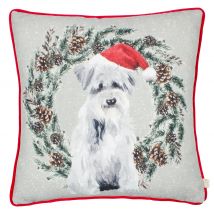 Evans Lichfield Christmas Dog Wreath Velvet Piped Filled Cushion 43cm x 43cm Multi