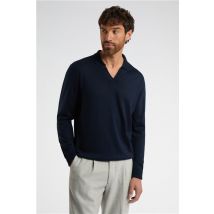 Melka Open Neck Long Sleeve Knit Polo Navy Blue