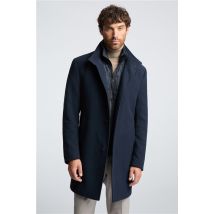 Melka Slim Fit Navy Blue Funnel Neck Overcoat With Padded Insert