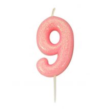 Verjaardagskaars cijfer 9 roze iriserend 9 cm glitter voor taart - Thema: Nouveautés DE - Roze - Maat Uniek Formaat