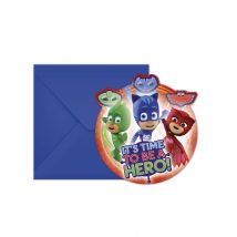 6 kartonnen PJ Masks uitnodingen met enveloppen 14 x 9 cm - Thema: Bekende personages - Multicolore - Maat Uniek Formaat