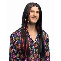 Schwarze Hippie-Perücke für Herren mit Perlen - Thema: Hippie (60er) - Schwarz - Größe Einheitsgröße