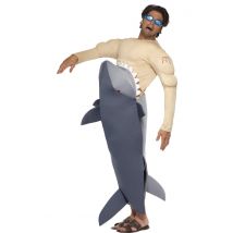 Witziges Hai-Kostüm für Herren Huckepack-Kostüm grau-beige - Thema: Humor - Grau, Silber - Größe M