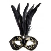 Schwarz-goldenen Halbmaske mit Federn - Thema: Kostüme nach Farben - Schwarz - Größe Einheitsgröße