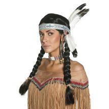 Indianerinnen-Perücke für Damen mit Federn bunt - Thema: Cowboy + Indianer - Schwarz - Größe Einheitsgröße
