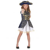 Piraten-Faschingskostüm für Mädchen blau-weiss-goldfarben - Thema: Piraten - Blau - Größe 122/134 (7-9 Jahre)