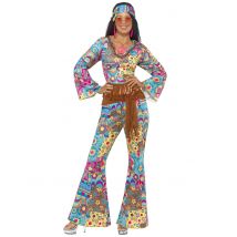 Damen-Hippiekostüm mit Haarband bunt - Thema: Retro - Blau - Größe M