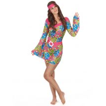 Hippie-Kostüm mit Blumen für Damen - Thema: Hippie (60er) - Größe Einheitsgröße (40)