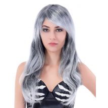 Grauhaarige lange Perücke mit Locken für Frauen - Thema: Horror + Zauberei - Weiß - Größe Einheitsgröße