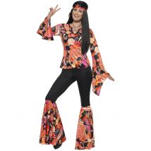 Hippie-Kostüm für Frauen schwarz und mehrfarbig - Thema: 60er / 70er Jahre - Bunt - Größe XXL