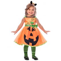 Niedliches Kürbis-Kostüm für Mädchen Halloween orange-schwarz-grün - Thema: Kürbisse und Spinnen - Orange - Größe 86/98 (2-3 Jahre)