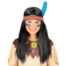 Indianer Perücke für Kinder mit offene Haaren und Stirnband - Thema: Cowboy + Indianer - Schwarz - Größe Einheitsgröße
