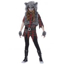 Gefährliches Werwolf-Kostüm für Mädchen Halloween grau-rot - Thema: Tiere - Grau, Silber - Größe 152 (10-12 Jahre)