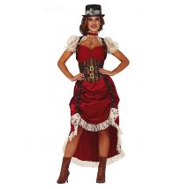Verführerisches Steampunk-Damenkostüm für Karneval rot-braun-weiss - Thema: Steampunk - Größe L (42-44)
