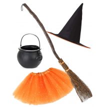 Hexen-Kostüm-Set für Kinder Halloween 4-teilig schwarz-orange - Thema: Horror + Zauberei - Orange - Größe Einheitsgröße