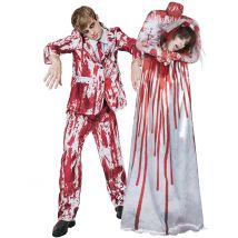 Blutiges Brautpaar-Paarkostüm Halloween-Paarkostüm weiss-rot - Thema: Horror + Zauberei - Grau, Weiss - Größe Einheitsgröße
