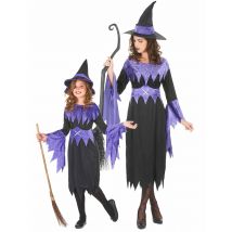 Disfraz de pareja de brujas violeta Halloween madre e hija