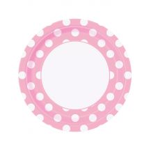 8 platos de cartón rosa claro con lunares blancos 22 cm