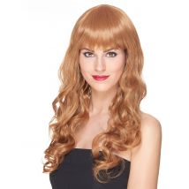 Peluca castaña larga rizada flequillo mujer Deluxe