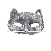 Antifaz de gato lentejuelas plateadas adulto