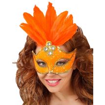 Antifaz naranja con plumas mujer