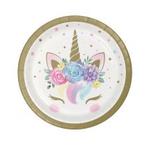 8 Platos pequeños de cartón unicornio mágico blanco 18 cm