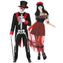 Disfraz de pareja esqueletos chic día de los muertos rojo y negro Halloween adultos