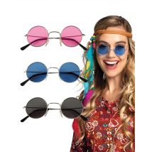 3 Occhiali Rotondi Hippy Per Adulti - Hippie - Nero - Taglia Unica