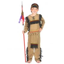 Indianen kostuum met zwarte franjes voor jongens - Thema: Western - Bruin - Maat S 110/122 (4-6 jaar)