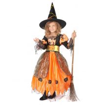 Oranje pompoen heksen outfit voor meisjes - Thema: Magie en Horror - Oranje - Maat S 110/122 (4-6 jaar)
