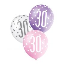 6 roze witte en paarse 30 jaar ballonnen - Roze - Maat Uniek Formaat