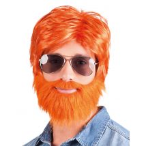 Oranje ginger pruik met baard en snor - Thema: Kleuren - Oranje - Maat Uniek Formaat