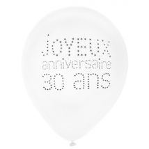 8 witte 'Joyeux anniversaire 30 ans' ballonnen - Thema: Black + White - Grijs, Wit - Maat Uniek Formaat