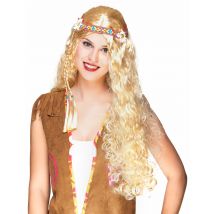 Lange blonde hippie pruik voor dames - Thema: Hippies en flower power - Blond - Maat Uniek Formaat